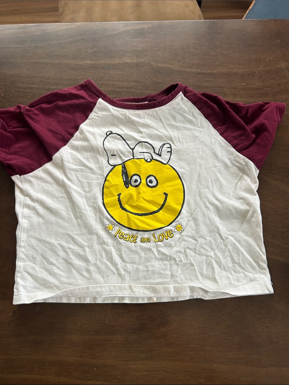 Peanuts White & Maroon Raglan Tee with Snoopy Smiley